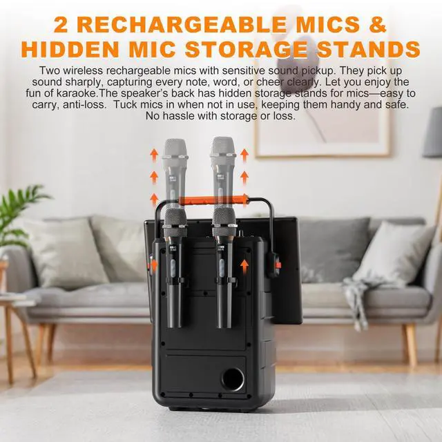 Alt view image 7 of 7 - Portable Bluetooth Karaoke Speaker with 14.1 HD Screen, Wireless Screen Mirroring for iOS & Android, 2 Wireless Rechargeable Mics, AUX/USB/TF Card, Dynamic Lyric Display via Bluetooth, Ideal for Home