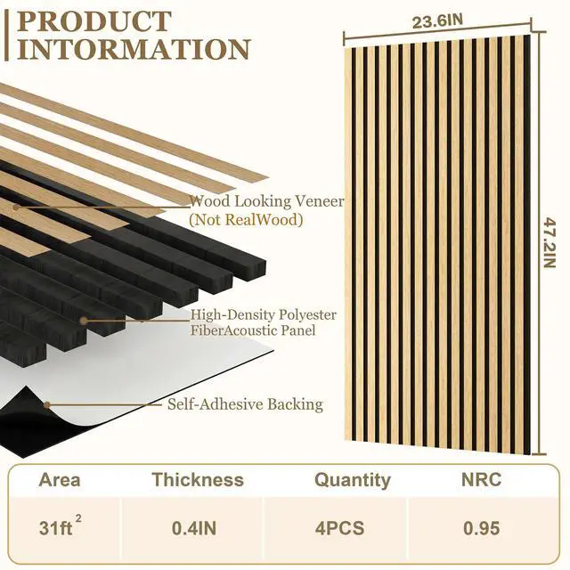 Alt view image 2 of 7 - 4-Pack Wood Veneer Acoustic Wall Panels Decorative Acoustical Panel | 47.2"×23.6" Self-Adhesive Backing Sound Absorbing Panels for Walls Decor, Office, Recording Studio, Home (Burlywood Veneer)