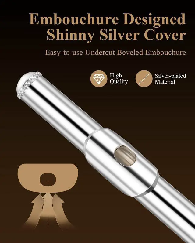 Alt view image 2 of 7 - Upgraded Closed Hole 16 Keys C Flute for Beginner Student, Instrument with Cleaning Kit, Stand, Case, Gloves, Tuning Rod, Fingering Chart, Silver Plated, EFL-1S