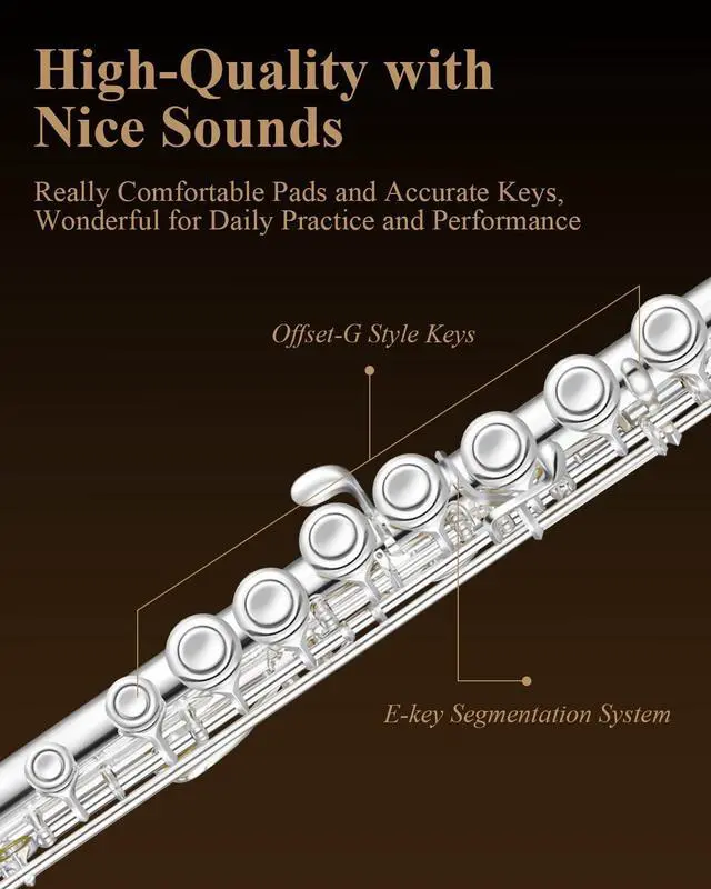 Alt view image 3 of 7 - Upgraded Closed Hole 16 Keys C Flute for Beginner Student, Instrument with Cleaning Kit, Stand, Case, Gloves, Tuning Rod, Fingering Chart, Silver Plated, EFL-1S