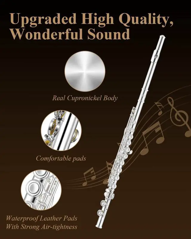 Alt view image 4 of 7 - Upgraded Closed Hole 16 Keys C Flute for Beginner Student, Instrument with Cleaning Kit, Stand, Case, Gloves, Tuning Rod, Fingering Chart, Silver Plated, EFL-1S