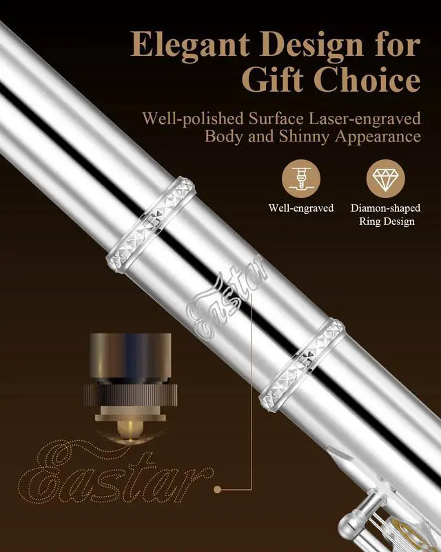 Alt view image 6 of 7 - Upgraded Closed Hole 16 Keys C Flute for Beginner Student, Instrument with Cleaning Kit, Stand, Case, Gloves, Tuning Rod, Fingering Chart, Silver Plated, EFL-1S