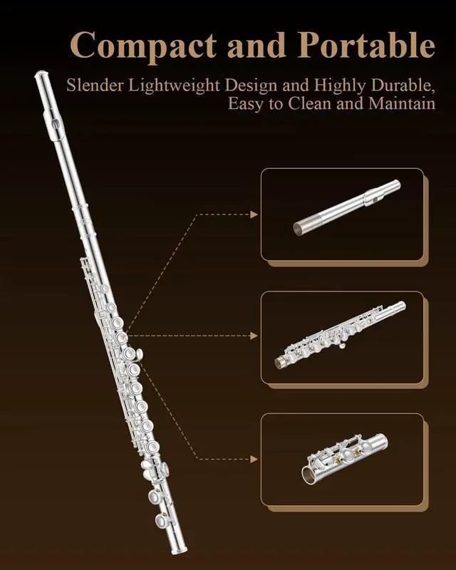 Alt view image 7 of 7 - Upgraded Closed Hole 16 Keys C Flute for Beginner Student, Instrument with Cleaning Kit, Stand, Case, Gloves, Tuning Rod, Fingering Chart, Silver Plated, EFL-1S