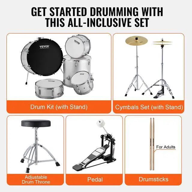 Alt view image 6 of 7 - Adult Drum Set, 5-Piece, 22 inches Complete Full Size Drum Kit with Bass Toms Snare Floor Drum Adjustable Throne Stands Cymbal Hi-Hat Pedal and Drumsticks, Beginner Drum Kit for Adults