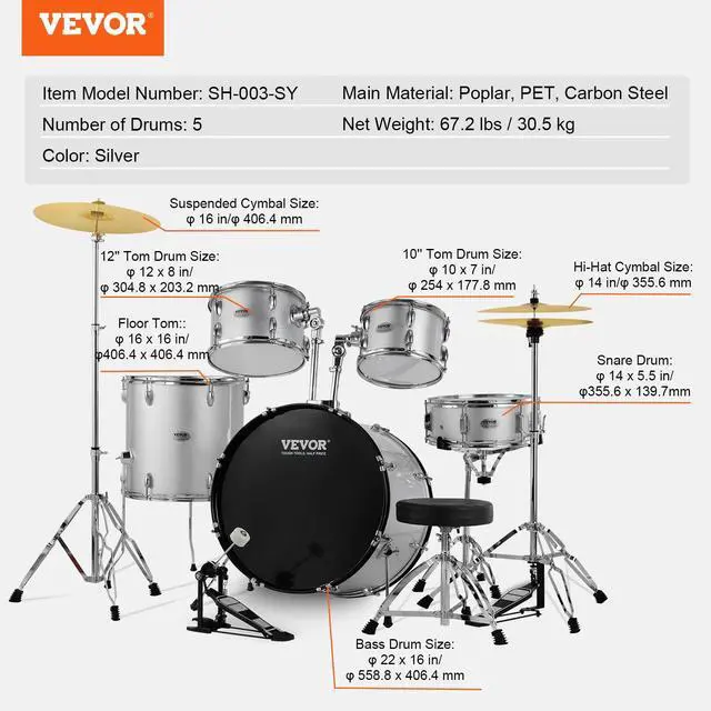 Alt view image 7 of 7 - Adult Drum Set, 5-Piece, 22 inches Complete Full Size Drum Kit with Bass Toms Snare Floor Drum Adjustable Throne Stands Cymbal Hi-Hat Pedal and Drumsticks, Beginner Drum Kit for Adults