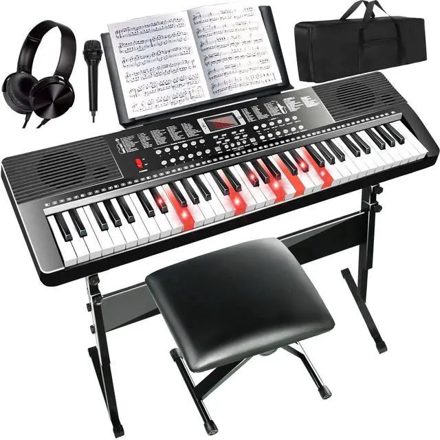 Main image of 61 Key Electric Keyboard Piano for Beginners w/Light-Up Keys, Gifts, Full Set: Stand, Bench, Headphones, Padded Bag, Note Stickers, 70 Demos, 200 Rhythms/Tones, LED Display