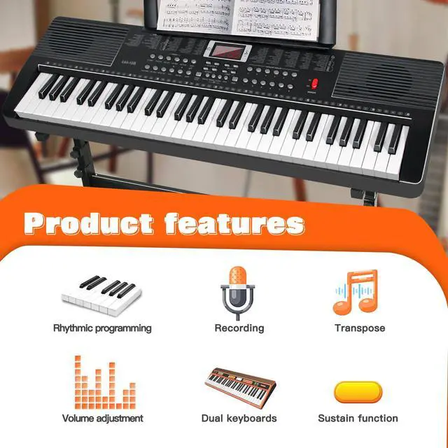 Alt view image 2 of 7 - 61 Key Electric Keyboard Piano for Beginners w/Light-Up Keys, Gifts, Full Set: Stand, Bench, Headphones, Padded Bag, Note Stickers, 70 Demos, 200 Rhythms/Tones, LED Display