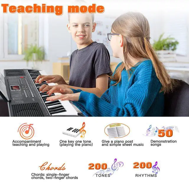 Alt view image 4 of 7 - 61 Key Electric Keyboard Piano for Beginners w/Light-Up Keys, Gifts, Full Set: Stand, Bench, Headphones, Padded Bag, Note Stickers, 70 Demos, 200 Rhythms/Tones, LED Display