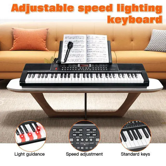 Alt view image 5 of 7 - 61 Key Electric Keyboard Piano for Beginners w/Light-Up Keys, Gifts, Full Set: Stand, Bench, Headphones, Padded Bag, Note Stickers, 70 Demos, 200 Rhythms/Tones, LED Display