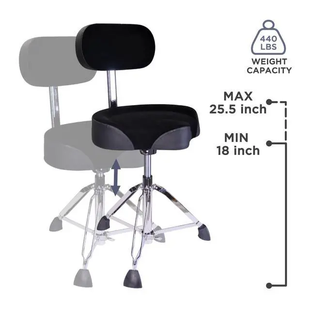 Alt view image 5 of 7 - Drum Throne with Backrest, 4" Padded Drum Stool, Hydraulic Drum Seat Height Adjustable, Heavy Duty Motorcycle Style Drum Chair, Airlift Guitar Chair with Back Support, Drum Seats for Adults