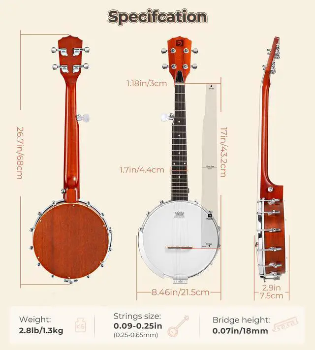 Alt view image 6 of 7 - 5 String Banjo 26 Inch, MINI Travel Banjo Beginner Kit with Remo Head, Open Back & Closed Solid Back with beginner Kit, Comfortable Carrying Bag