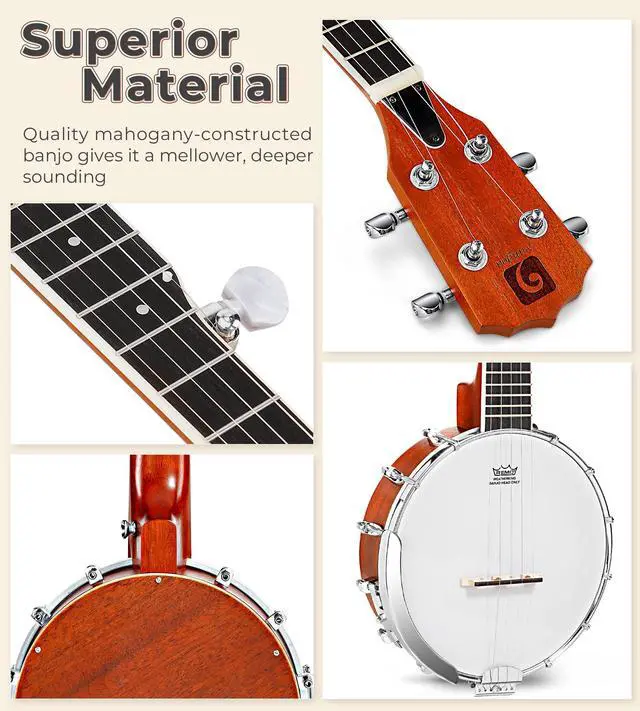 Alt view image 7 of 7 - 5 String Banjo 26 Inch, MINI Travel Banjo Beginner Kit with Remo Head, Open Back & Closed Solid Back with beginner Kit, Comfortable Carrying Bag