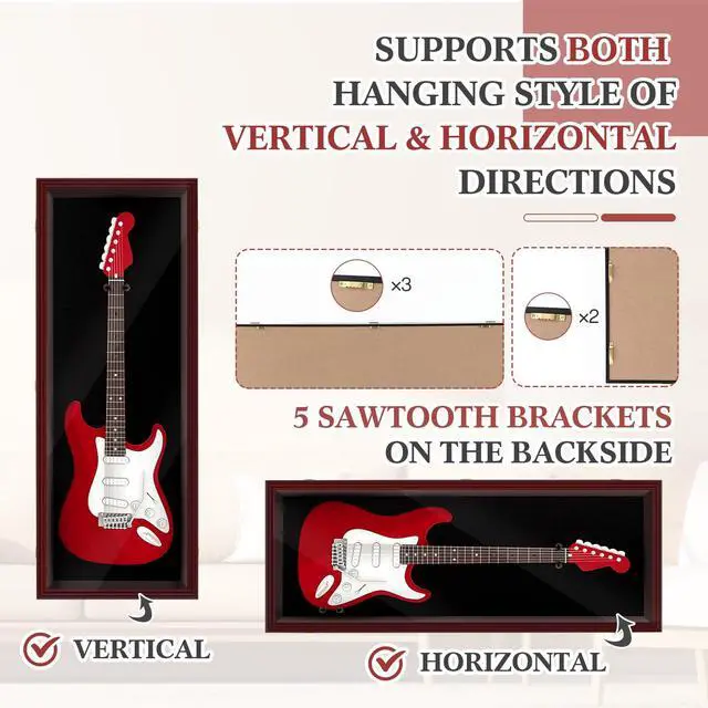 Alt view image 3 of 6 - Electric/Acoustic Guitar Display Case Wall Mount Guitar Case Cabinet Shadow Box with Hanger Stand and Lock 98% UV Protection Acrylic Clear Door for Musician Collection(Red Brown,44'')