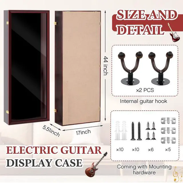 Alt view image 2 of 6 - Electric/Acoustic Guitar Display Case Wall Mount Guitar Case Cabinet Shadow Box with Hanger Stand and Lock 98% UV Protection Acrylic Clear Door for Musician Collection(Red Brown,44'')