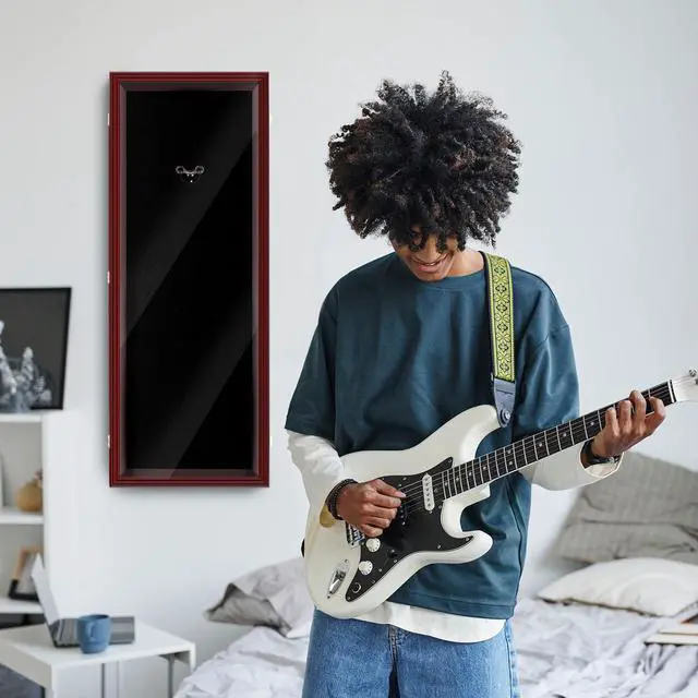 Alt view image 5 of 6 - Electric/Acoustic Guitar Display Case Wall Mount Guitar Case Cabinet Shadow Box with Hanger Stand and Lock 98% UV Protection Acrylic Clear Door for Musician Collection(Red Brown,44'')