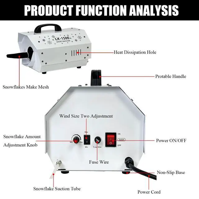 Alt view image 4 of 7 - 1500W Snow Machine with Manual & Wireless Remote Control | Large Output Snowmaking Machine for Indoor & Outdoors | Adjustable Snowflake Size | Perfect for Christmas, Weddings, and Parties