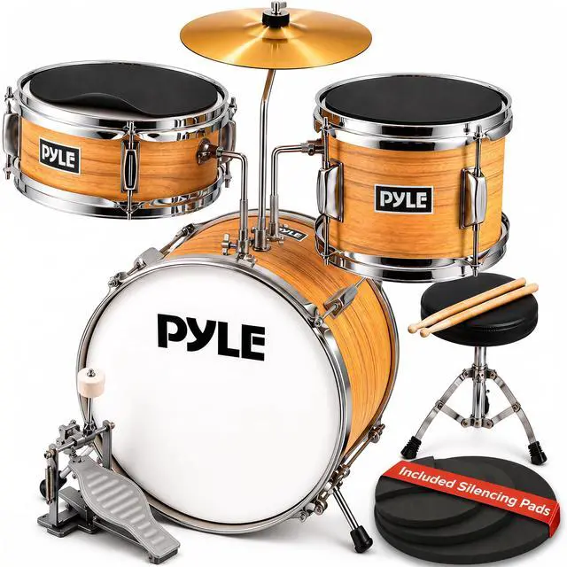 Main image of Kids Drum Set, 3 Piece Beginner Junior Drummer Kit with 13" Bass Drum, Snare, Tom, Cymbal, Adjustable Throne, Mutes, Drumsticks, Natural