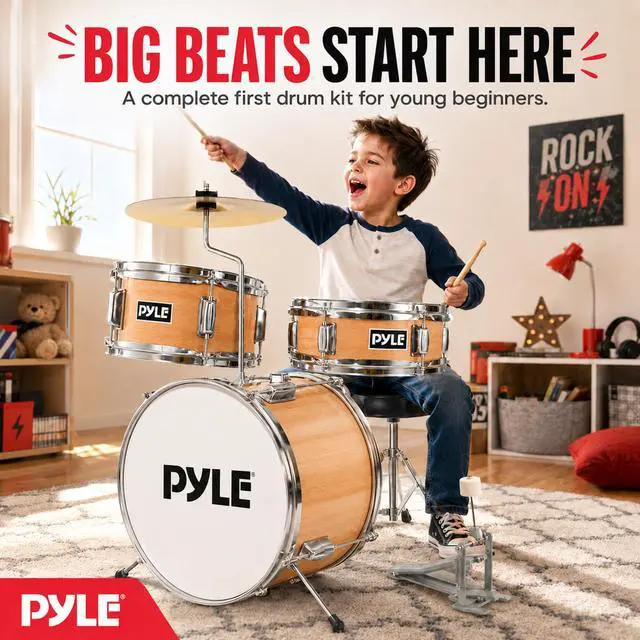 Alt view image 2 of 7 - Kids Drum Set, 3 Piece Beginner Junior Drummer Kit with 13" Bass Drum, Snare, Tom, Cymbal, Adjustable Throne, Mutes, Drumsticks, Natural