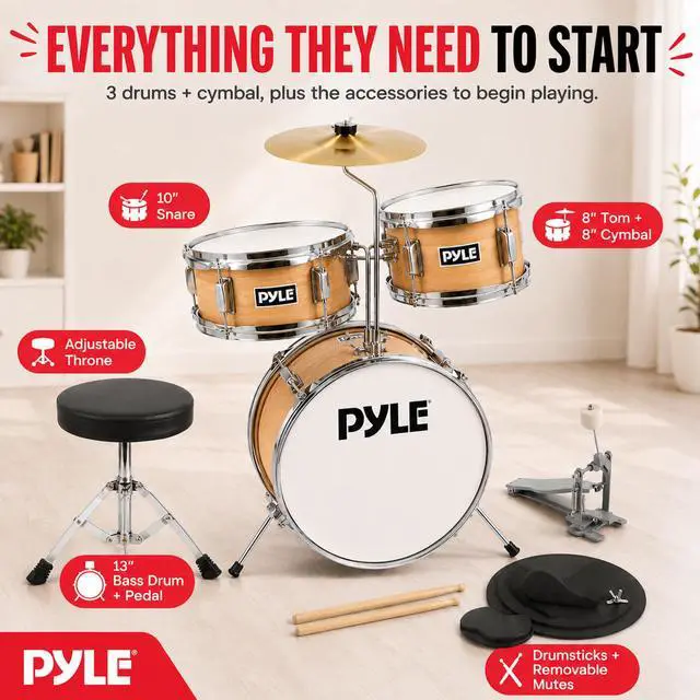Alt view image 3 of 7 - Kids Drum Set, 3 Piece Beginner Junior Drummer Kit with 13" Bass Drum, Snare, Tom, Cymbal, Adjustable Throne, Mutes, Drumsticks, Natural