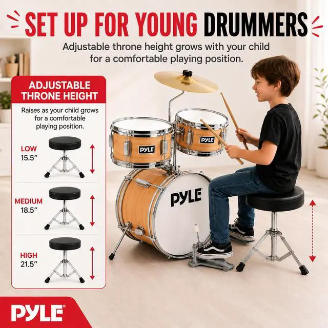 Alt view image 5 of 7 - Kids Drum Set, 3 Piece Beginner Junior Drummer Kit with 13" Bass Drum, Snare, Tom, Cymbal, Adjustable Throne, Mutes, Drumsticks, Natural