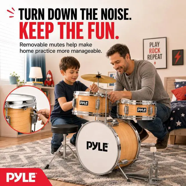 Alt view image 4 of 7 - Kids Drum Set, 3 Piece Beginner Junior Drummer Kit with 13" Bass Drum, Snare, Tom, Cymbal, Adjustable Throne, Mutes, Drumsticks, Natural