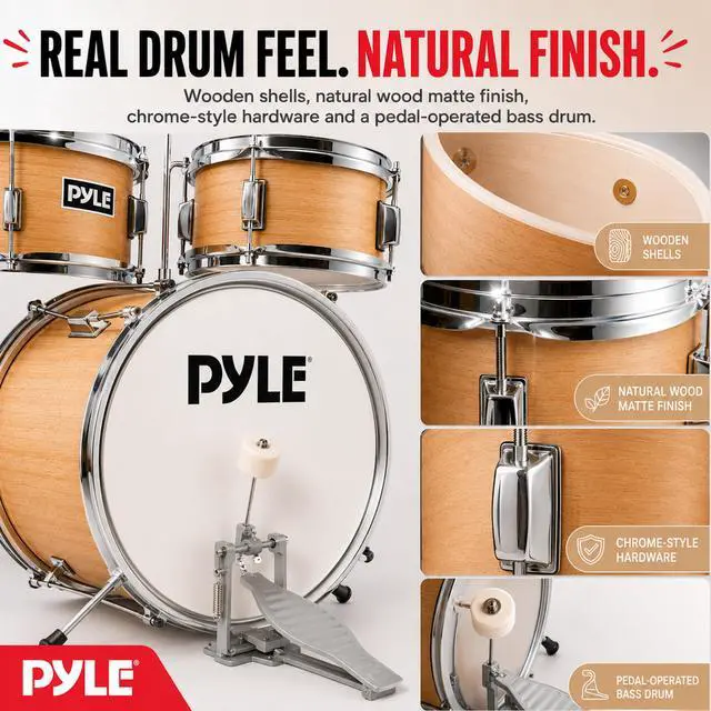 Alt view image 6 of 7 - Kids Drum Set, 3 Piece Beginner Junior Drummer Kit with 13" Bass Drum, Snare, Tom, Cymbal, Adjustable Throne, Mutes, Drumsticks, Natural