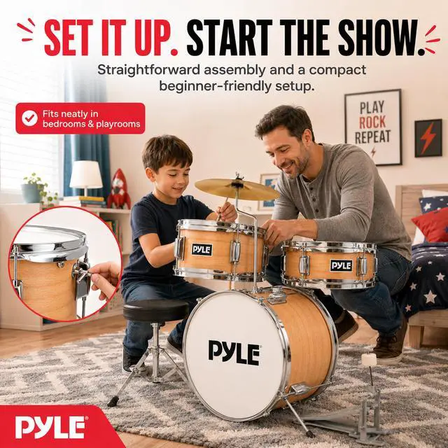 Alt view image 7 of 7 - Kids Drum Set, 3 Piece Beginner Junior Drummer Kit with 13" Bass Drum, Snare, Tom, Cymbal, Adjustable Throne, Mutes, Drumsticks, Natural