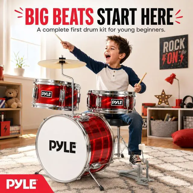 Alt view image 3 of 7 - Kids Drum Set, 3 Piece Beginner Junior Drummer Kit with 13" Bass Drum, Snare, Tom, Cymbal, Adjustable Throne, Mutes, Drumsticks, Red