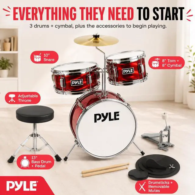 Alt view image 4 of 7 - Kids Drum Set, 3 Piece Beginner Junior Drummer Kit with 13" Bass Drum, Snare, Tom, Cymbal, Adjustable Throne, Mutes, Drumsticks, Red