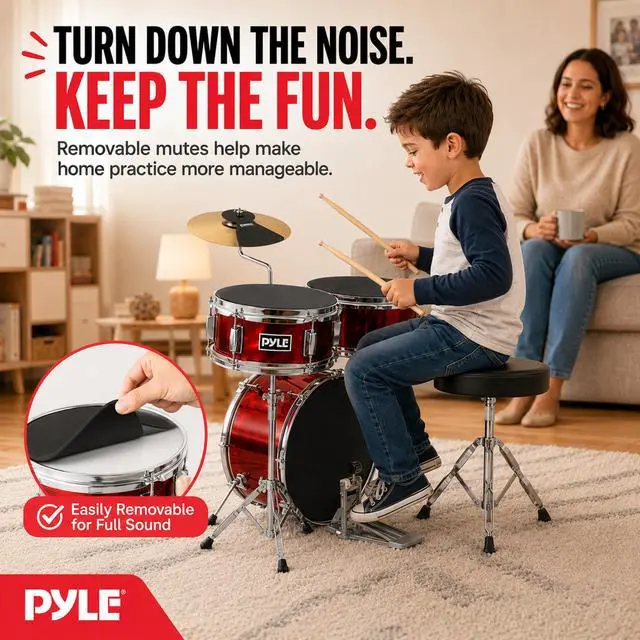 Alt view image 5 of 7 - Kids Drum Set, 3 Piece Beginner Junior Drummer Kit with 13" Bass Drum, Snare, Tom, Cymbal, Adjustable Throne, Mutes, Drumsticks, Red