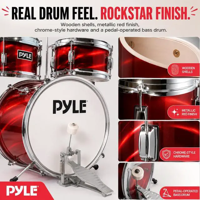 Alt view image 7 of 7 - Kids Drum Set, 3 Piece Beginner Junior Drummer Kit with 13" Bass Drum, Snare, Tom, Cymbal, Adjustable Throne, Mutes, Drumsticks, Red