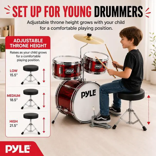 Alt view image 6 of 7 - Kids Drum Set, 3 Piece Beginner Junior Drummer Kit with 13" Bass Drum, Snare, Tom, Cymbal, Adjustable Throne, Mutes, Drumsticks, Red