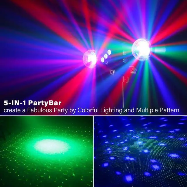 Alt view image 2 of 7 - DJ Lights with Stand, 5 in 1 LED Party Bar Light Sound Activated DJ Stage Light Package, Rotating Disco Ball,Multiple Pattern Effect,UV & Strobe,Indoor for Wedding Gig Live Band Club Show Event