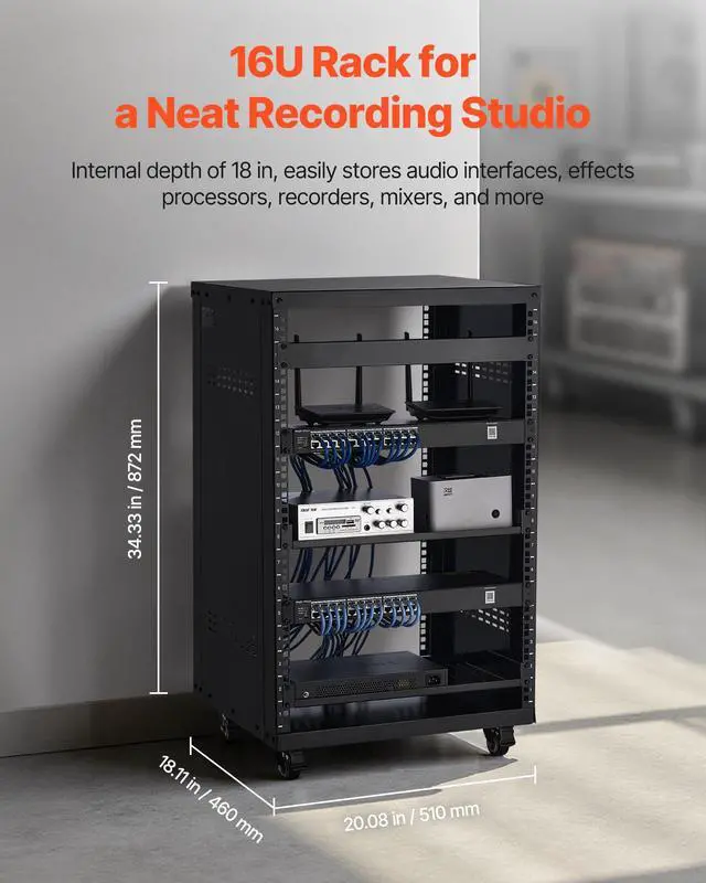 Alt view image 2 of 7 - 16U AV Rack, Recording Studio Rack Cabinet, Open Frame Server Rack with Locking Caster Wheels, Removable Side Panels & Vent Design for 19" Network, Audio, Video, IT & Network Equipment Mounting