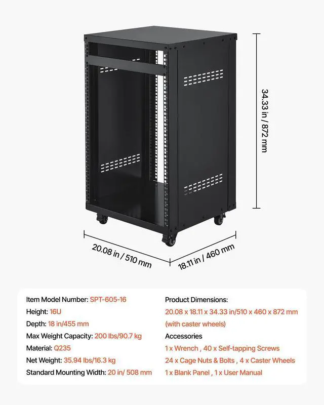 Alt view image 7 of 7 - 16U AV Rack, Recording Studio Rack Cabinet, Open Frame Server Rack with Locking Caster Wheels, Removable Side Panels & Vent Design for 19" Network, Audio, Video, IT & Network Equipment Mounting