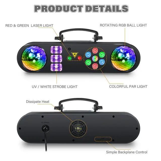 Alt view image 6 of 7 - DJ Lights with Stand, 5 in 1 LED Party Bar Light Sound Activated DJ Stage Light Package, Rotating Disco Ball,Multiple Pattern Effect,UV & Strobe,Indoor for Wedding Gig Live Band Club Show Event