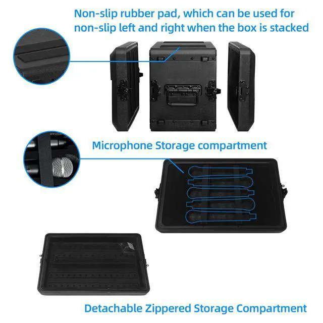 Alt view image 2 of 5 - 6U Rack Case Shallow 12" Depth, 19" Rackmount Flight Cases Easy Installation Portable Carry Watertight Dust Proof 2 Space Shockproof Mount Racks with Microphone Compartments Space Saving