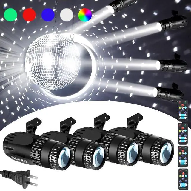Main image of Pinspot Light with Remote Control, 4 Pack Multicolor LED Pin Lights, Plug-in Spotlight for Mirror Ball (65'' Extra-Long Power Cord)