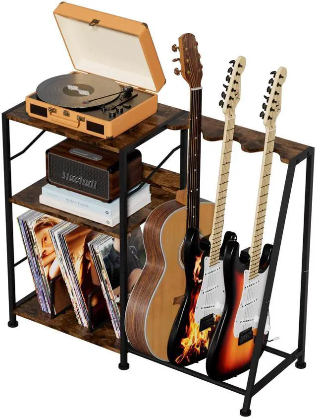 Main image of Record Player Stand, 3 Tier Guitar Stand for Acoustic, Electric Guitar, Bass Stand, Vinyl Record Storage Up to 200 Albums, Brown Records Shelf for Living Room Bedroom (Rustic Brown)