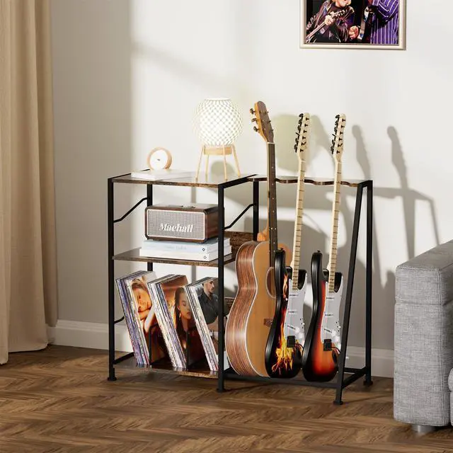 Alt view image 3 of 7 - Record Player Stand, 3 Tier Guitar Stand for Acoustic, Electric Guitar, Bass Stand, Vinyl Record Storage Up to 200 Albums, Brown Records Shelf for Living Room Bedroom (Rustic Brown)