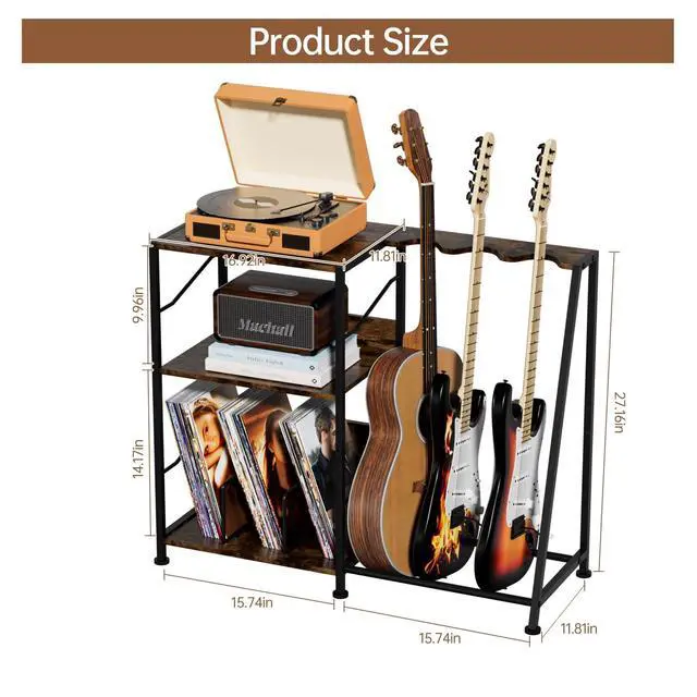Alt view image 4 of 7 - Record Player Stand, 3 Tier Guitar Stand for Acoustic, Electric Guitar, Bass Stand, Vinyl Record Storage Up to 200 Albums, Brown Records Shelf for Living Room Bedroom (Rustic Brown)