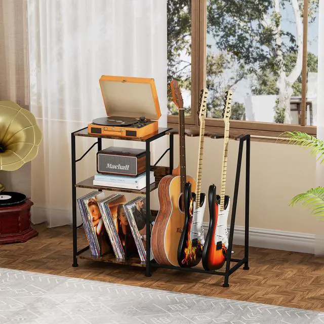 Alt view image 2 of 7 - Record Player Stand, 3 Tier Guitar Stand for Acoustic, Electric Guitar, Bass Stand, Vinyl Record Storage Up to 200 Albums, Brown Records Shelf for Living Room Bedroom (Rustic Brown)