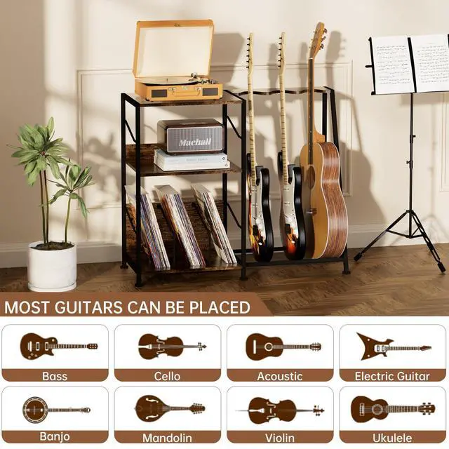 Alt view image 6 of 7 - Record Player Stand, 3 Tier Guitar Stand for Acoustic, Electric Guitar, Bass Stand, Vinyl Record Storage Up to 200 Albums, Brown Records Shelf for Living Room Bedroom (Rustic Brown)