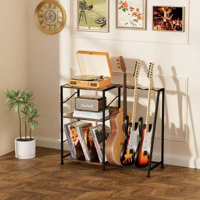 Alt view image 7 of 7 - Record Player Stand, 3 Tier Guitar Stand for Acoustic, Electric Guitar, Bass Stand, Vinyl Record Storage Up to 200 Albums, Brown Records Shelf for Living Room Bedroom (Rustic Brown)