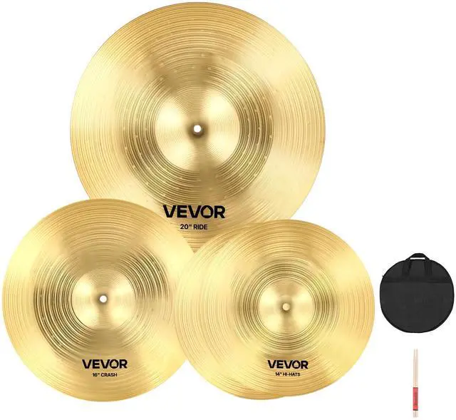 Main image of Cymbal Pack, 3 Pieces Cymbals for Drum Set, Alloy Cymbals Drum Set Includes 14-inch Hi-Hats, 16-inch Crash, 20-inch Ride, Drumsticks & Cymbal Bag, Alloy Cymbal Pack for Drummer, Bright Copper