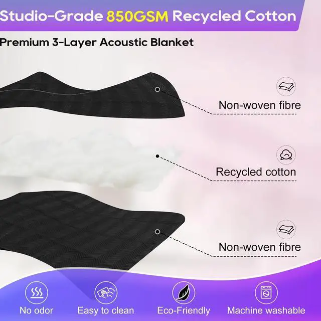 Alt view image 3 of 7 - 2 Pcs Large Sound Dampening Blanket 48" x 80", 850GSM Acoustic Sound Blanket with Grommets,Heavy Duty Studio Sound Absorption Blankets,Acoustic Blanket Noise Reduce,Light Blocker,Moving Blankets