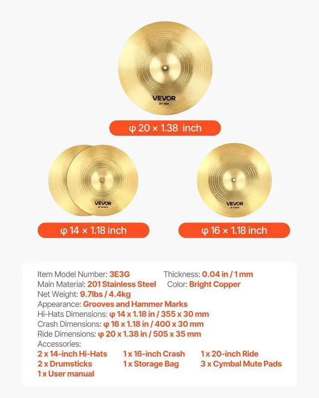 Alt view image 7 of 7 - Cymbal Pack, 3 Pieces Cymbals for Drum Set, Alloy Cymbals Drum Set Includes 14-inch Hi-Hats, 16-inch Crash, 20-inch Ride, Drumsticks & Cymbal Bag, Alloy Cymbal Pack for Drummer, Bright Copper