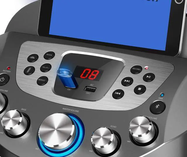 Alt view image 3 of 6 - KS829-B Bluetooth Karaoke Machine l Pedestal Design w/Light Show l 4 Built-in Speakers & 2 Tweeters l Two USB for Bluetooth / MP3 Record & Playback l Disco Ball Effect l Two Microphones