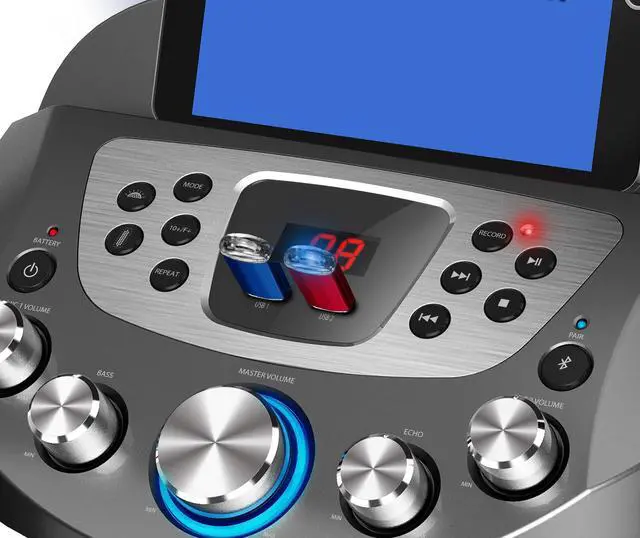 Alt view image 4 of 6 - KS829-B Bluetooth Karaoke Machine l Pedestal Design w/Light Show l 4 Built-in Speakers & 2 Tweeters l Two USB for Bluetooth / MP3 Record & Playback l Disco Ball Effect l Two Microphones