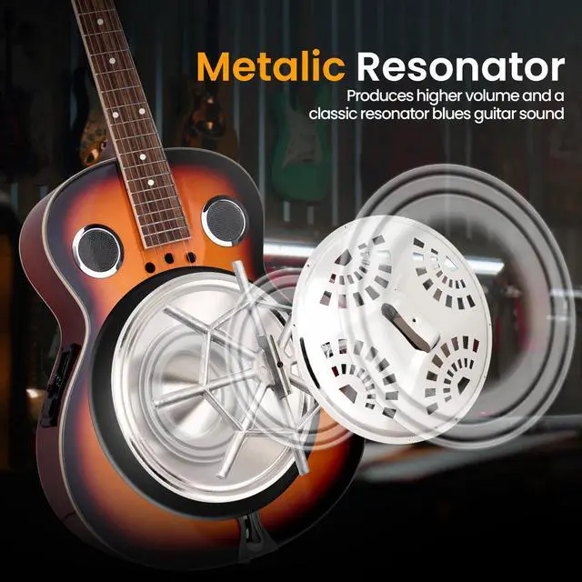 Alt view image 2 of 7 - Resophonic Resonator Acoustic Electric Guitar-6 String Round Neck Sunburst Mahogany Traditional Resonator w/Built-in Pre Amplifier,Case Bag,Strap,Steel Strings,Tuner,Picks